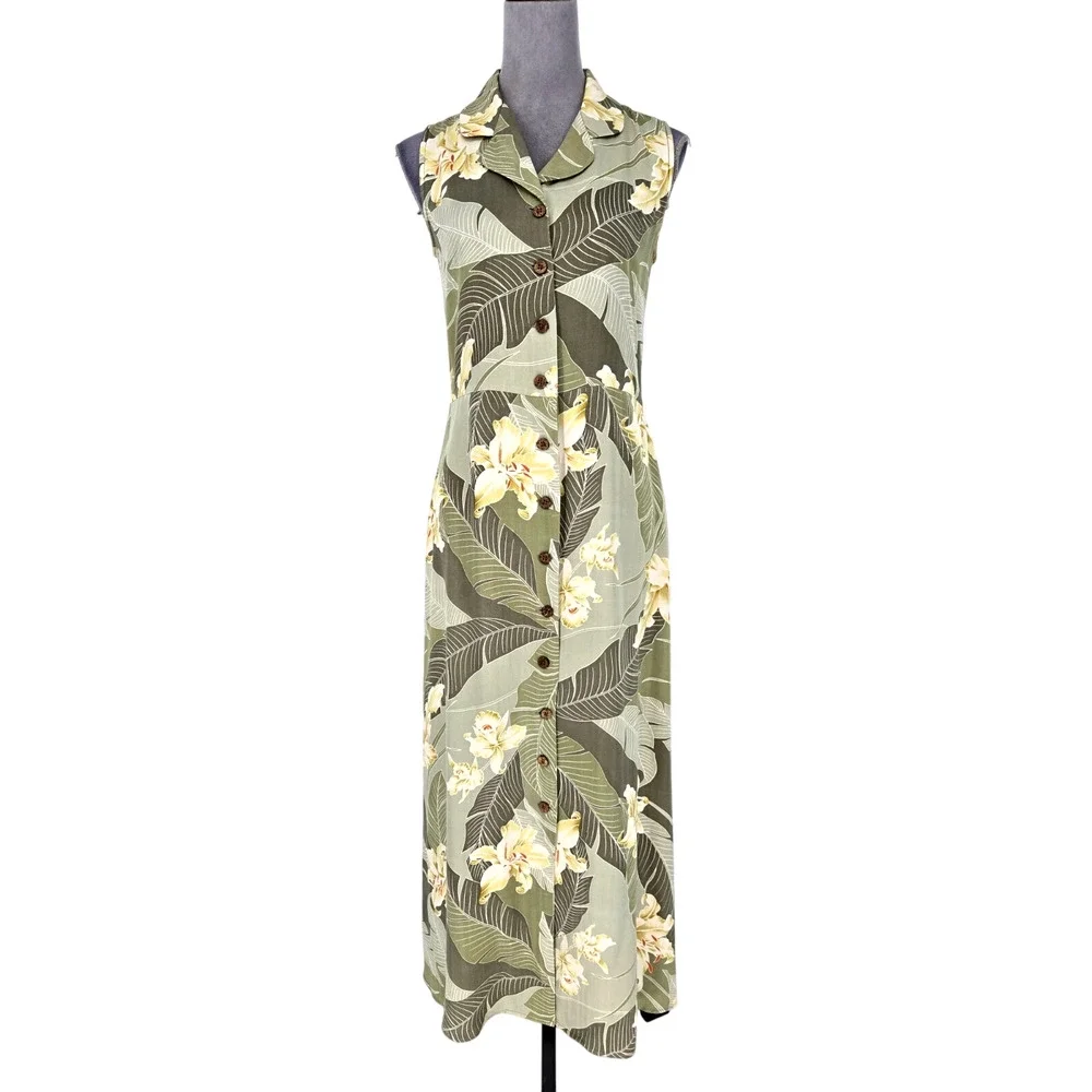 Tommy Bahama Dress Womens XS Silk Beige Floral Button Up Hawaiian Maxi Vintage
